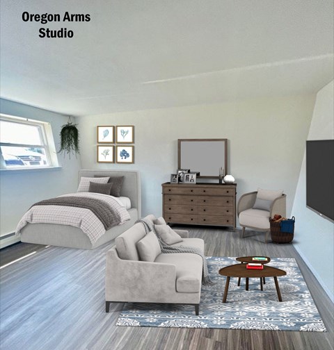 a living room with a couch and a chair and a bed